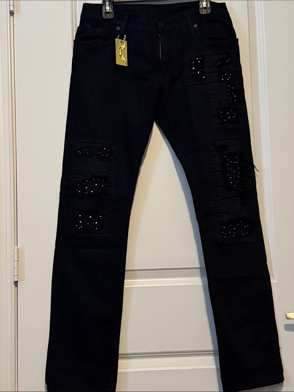 Robin's Jean Black Straight Jeans with Studded Distressed Panels